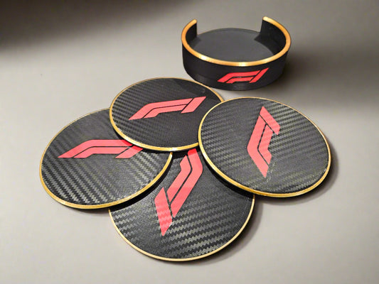 F1 Carbon Fibre Look Coaster Set – Pack of 6 with Holder