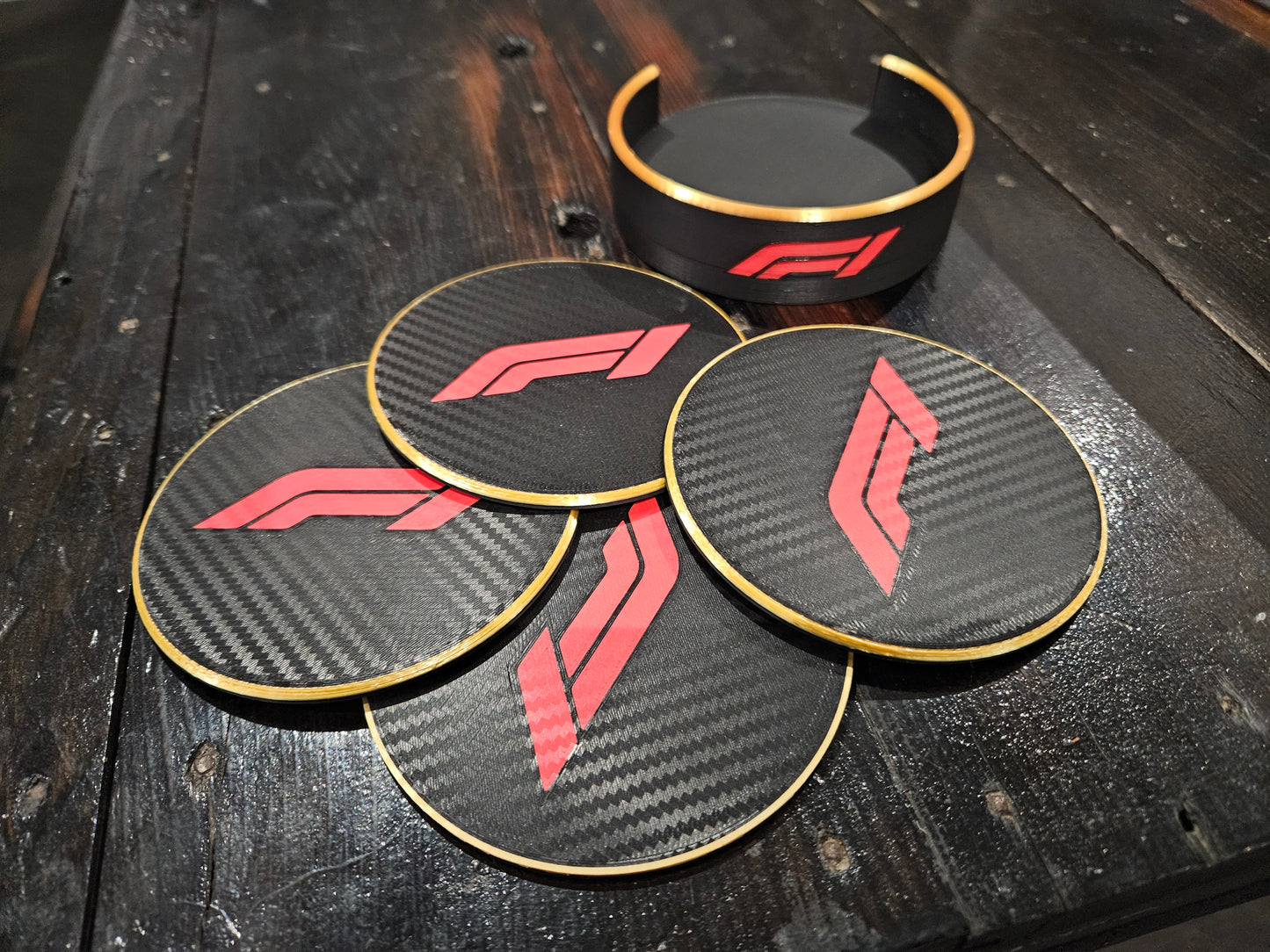F1 Carbon Fibre Look Coaster Set – Pack of 6 with Holder