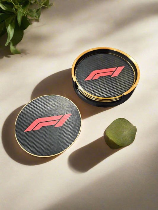F1 Carbon Fibre Look Coaster Set – Pack of 6 with Holder