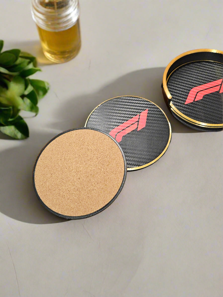 F1 Carbon Fibre Look Coaster Set – Pack of 6 with Holder